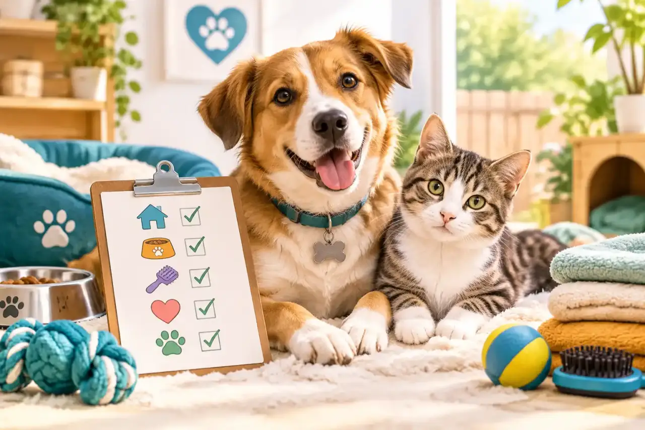 Chien et chat prêts à découvrir leur nouvelle maison