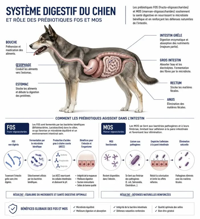 Infographie sur le rôle des prébiotiques dans les croquettes pour digestion sensible du chien