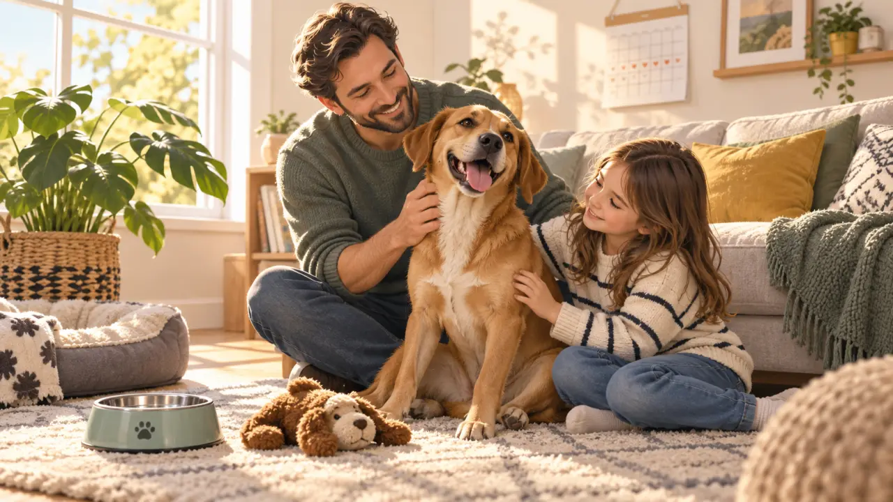 Rocky, chien adopté, heureux dans sa nouvelle maison