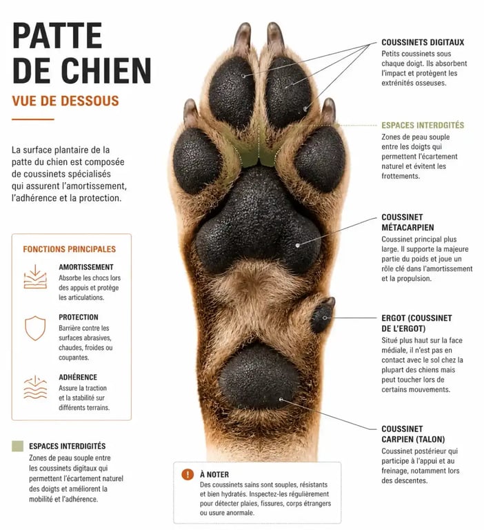Anatomie du coussinet de chien pour identifier une infection