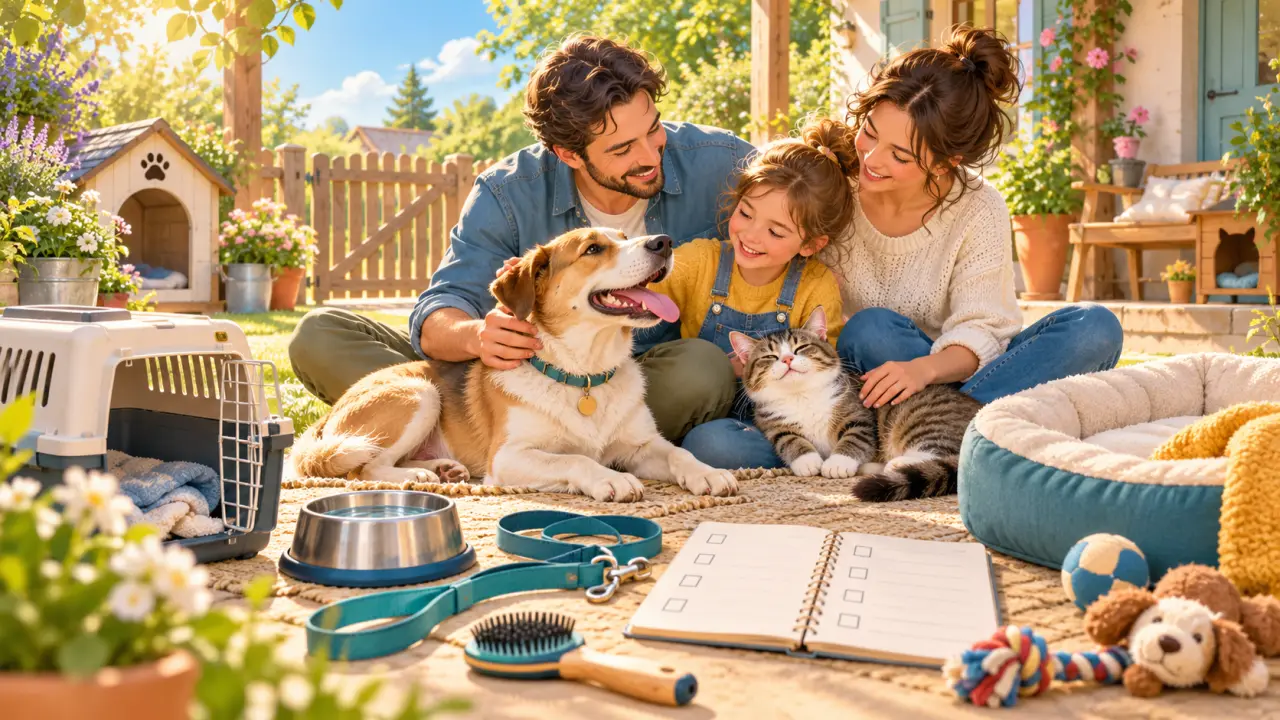 Chien et chat découvrant leur nouvelle maison après une adoption