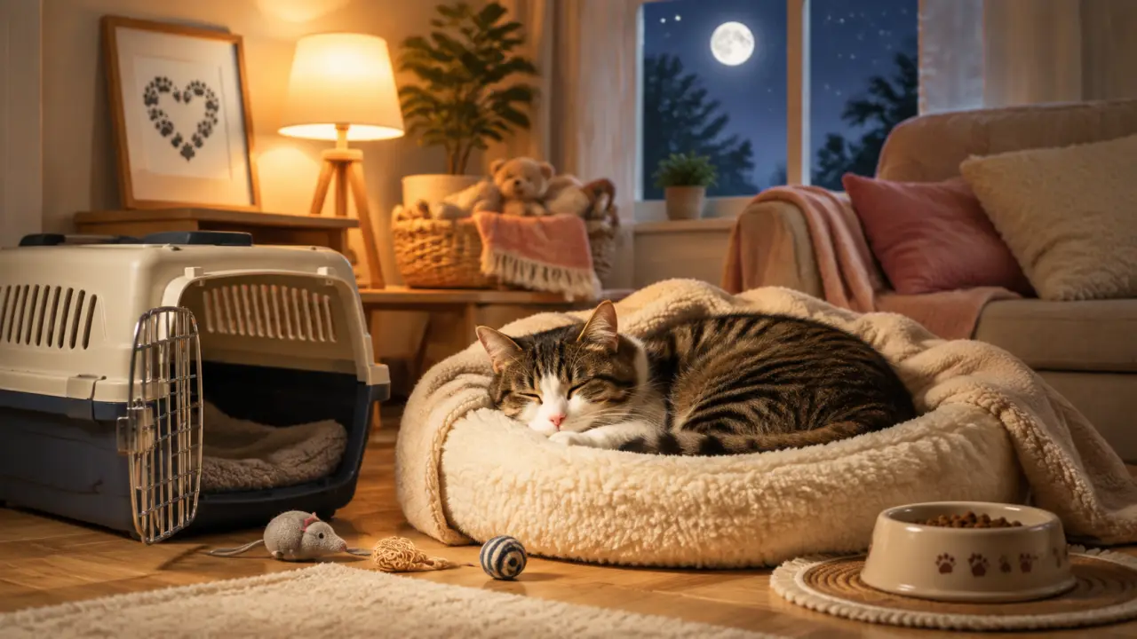 Chat adopté se reposant calmement dans un petit cocon rassurant pour sa première nuit