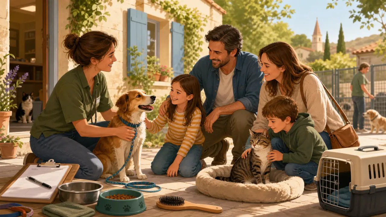 Illustration d’un chien et d’un chat dans une ambiance douce et rassurante, prêts à commencer une nouvelle vie