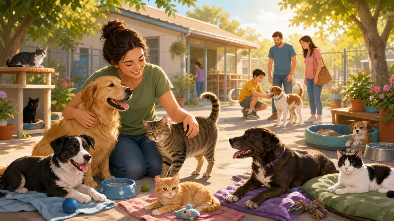 Illustration d'un chien et d'un chat du refuge dans une ambiance joyeuse et rassurante