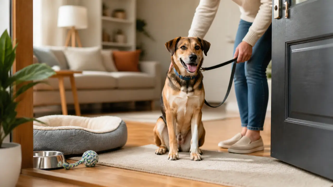 Illustration d'un chien du refuge qui découvre doucement sa nouvelle maison