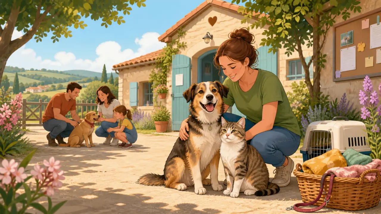 Bannière illustrative d’un chien et d’un chat de refuge, pleine de douceur