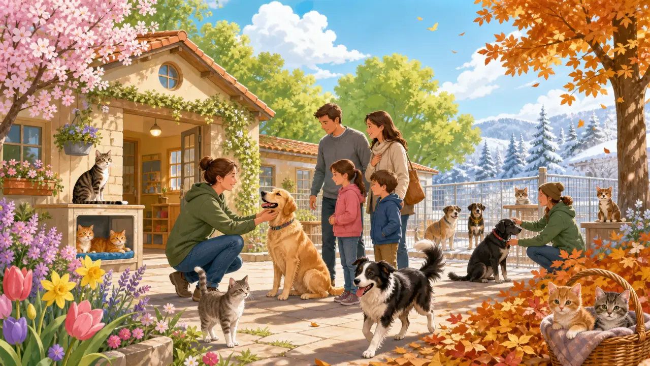 Bannière illustrée avec des chatons et des chiots, des pattes et un arc-en-ciel