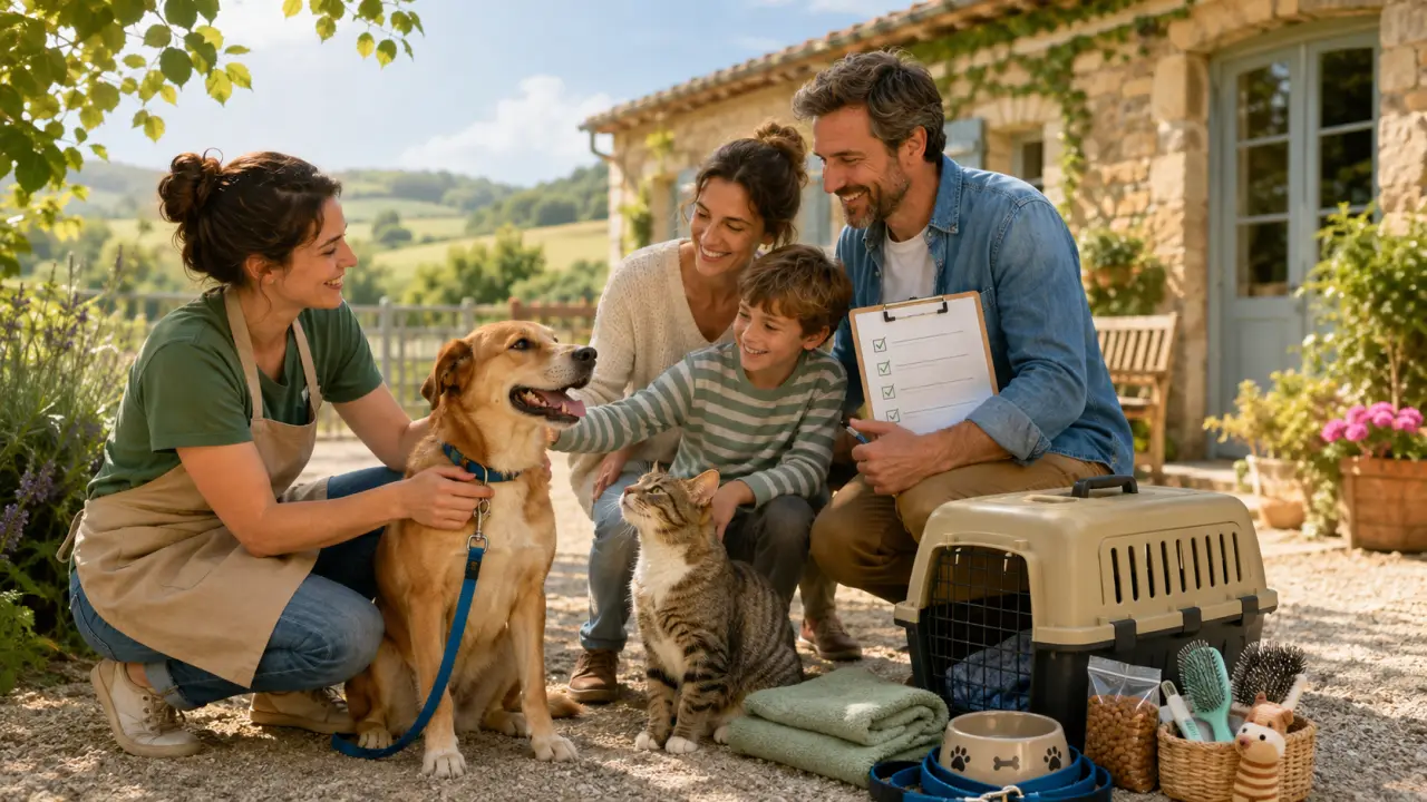 Illustration d’accueil pour chien ou chat adopté, ambiance joyeuse et rassurante