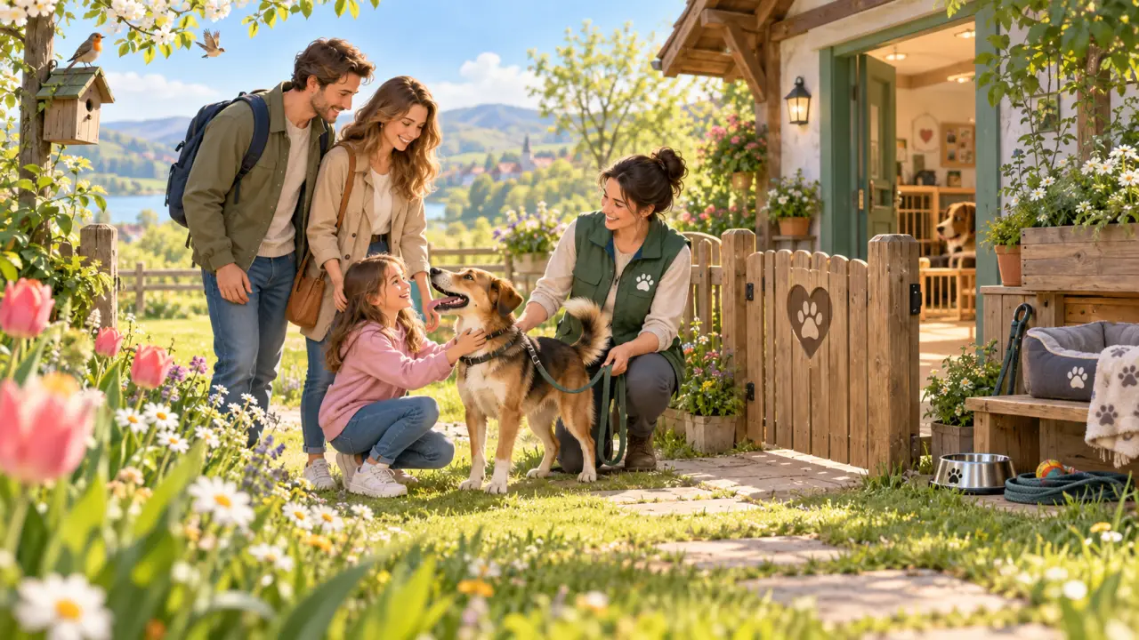 Chien récemment adopté découvrant son nouveau jardin au printemps