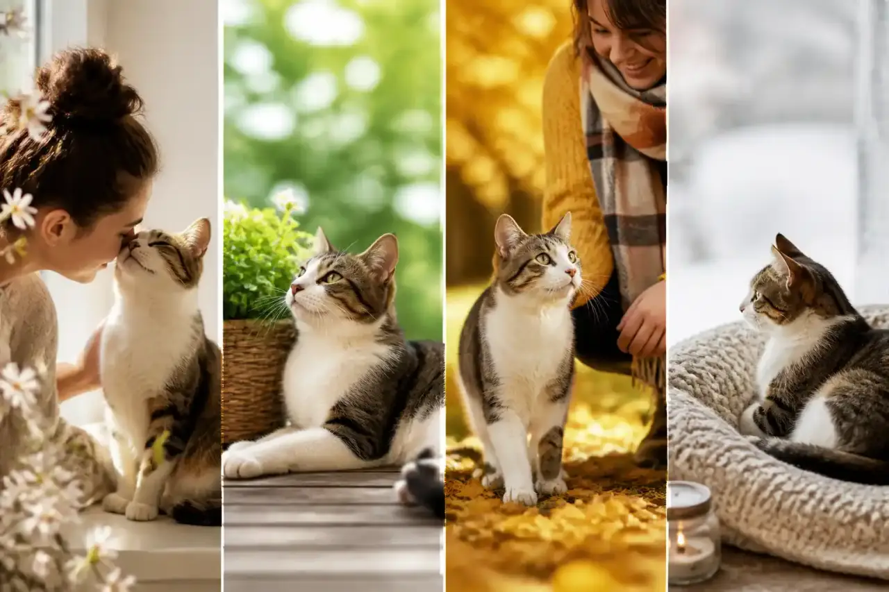Chat adopté observant la maison au fil des saisons